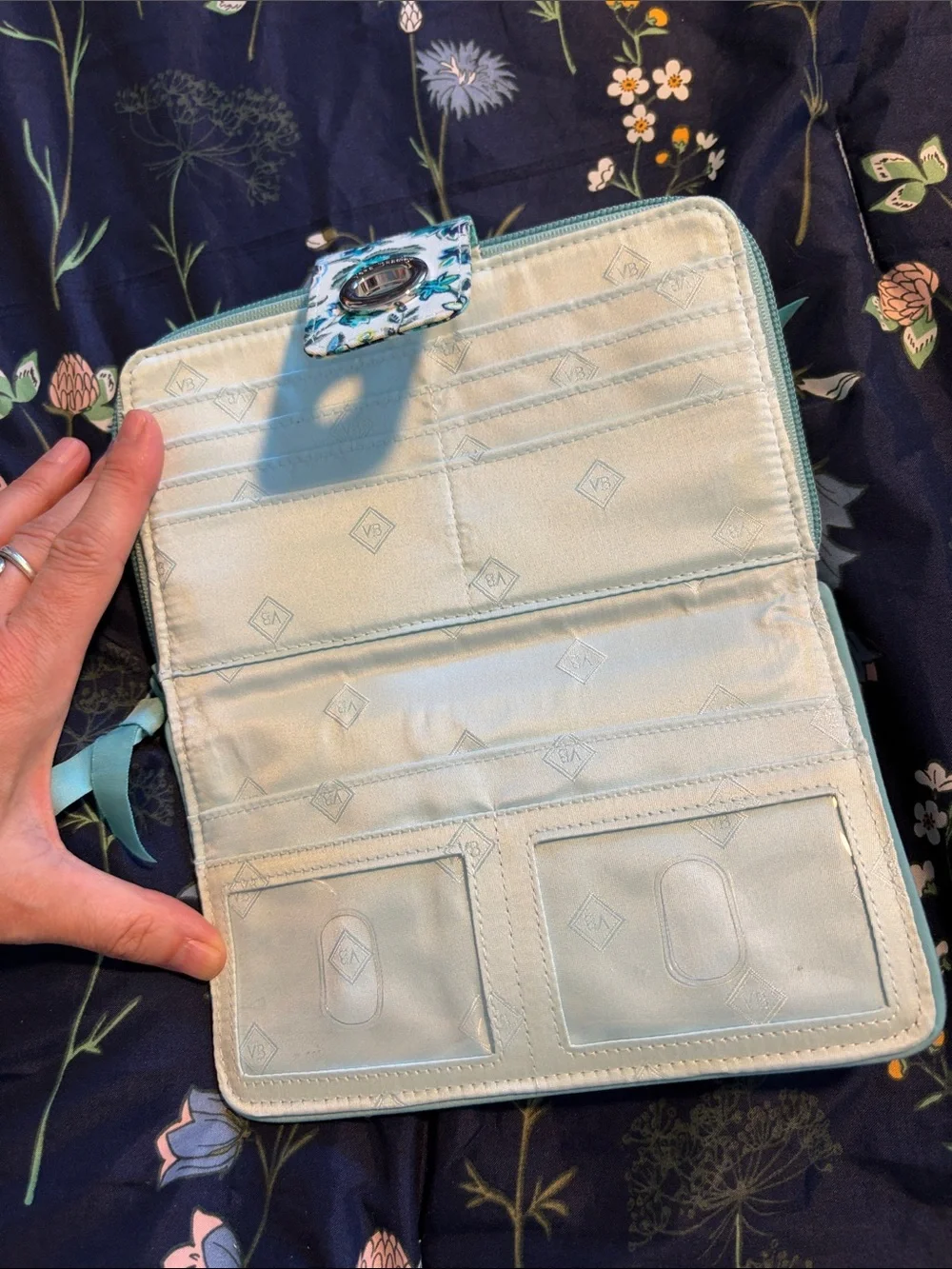 Vera Bradley Teal and Light Blue Floral Quilted Zip Wallet